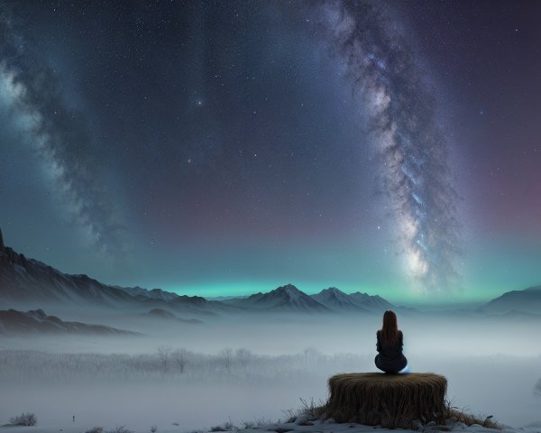 Serene Night Landscape with Girl Under Starlit Sky