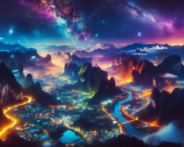 Panoramic View of a Mystical Landscape at Night