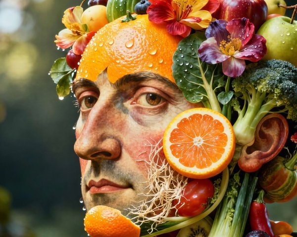 Detailed Portrait of a Man Made of Fruits and Vegetables