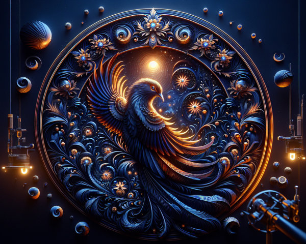 Intricate Circular Motif of a Phoenix and Floral Patterns