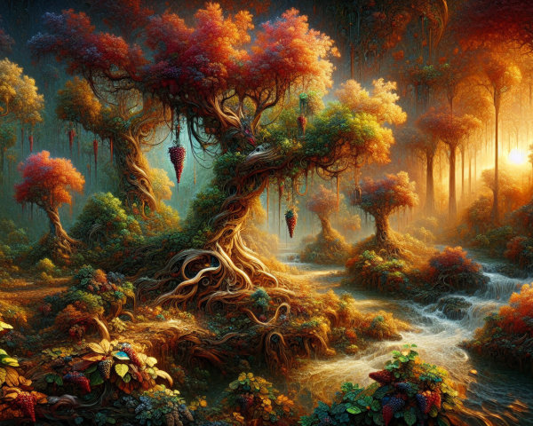 Vibrant Forest Scene with Colorful Foliage and Streams
