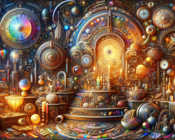 Steampunk Room with Gears, Clocks, and Glowing Orbs