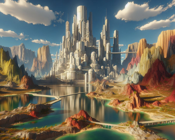 Futuristic cityscape with vibrant mountains and lake