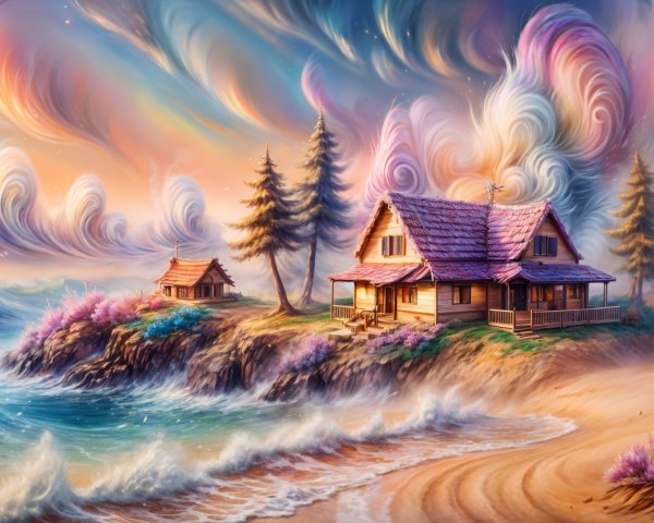 Serene seaside landscape with cozy cottages and vibrant sky