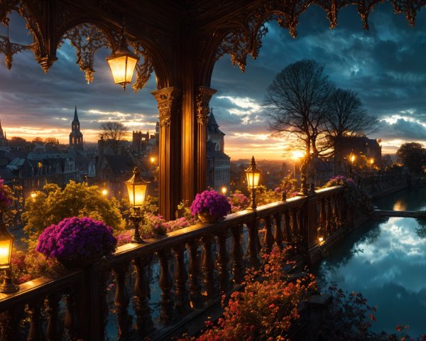 Ornate Balcony View of Sunset and City Skyline