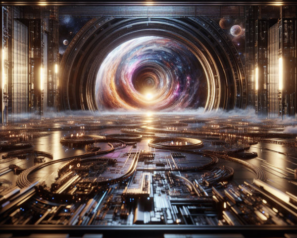 Futuristic cityscape with galaxy portal and glowing lights