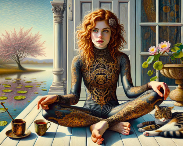 Young Woman with Body Art on a Tranquil Porch
