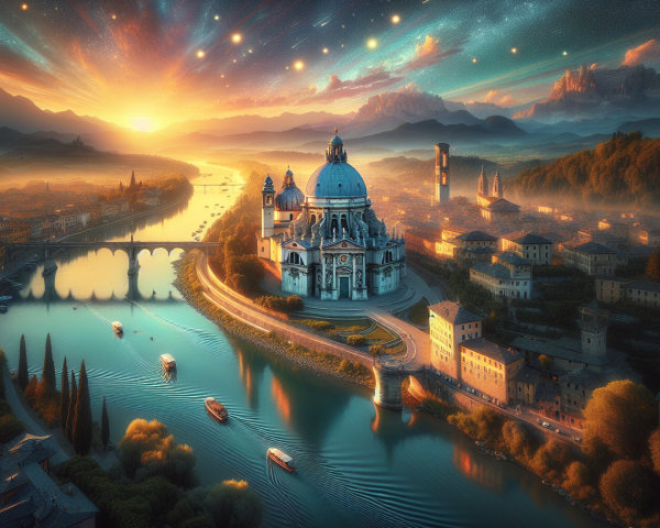 Aerial View of a City at Sunrise with Scenic Landscape