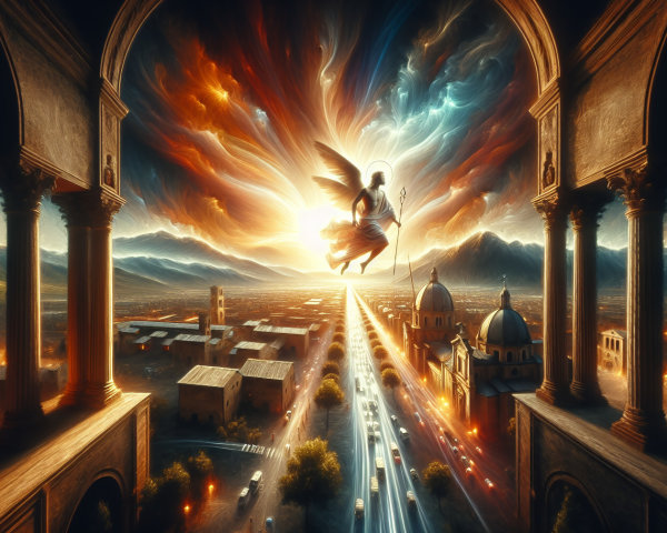 Vibrant cityscape under a cosmic sky with arches