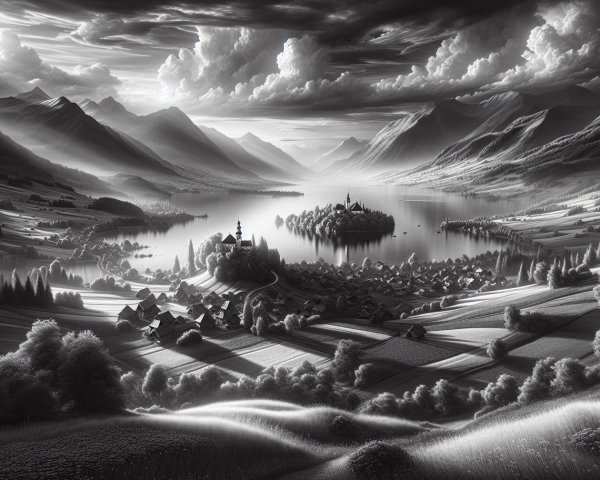 Black-and-white landscape of a serene lake and mountains
