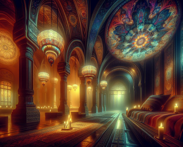 Opulent Dimly Lit Room with Intricate Architecture