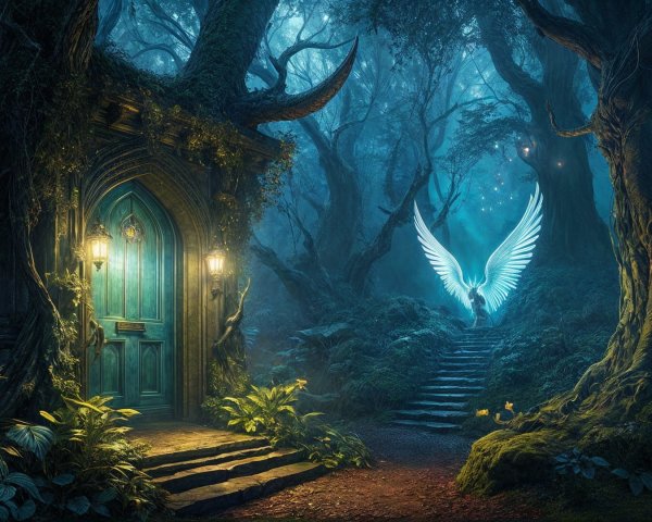 Mystical Forest with Enchanted Wooden Door and Lanterns