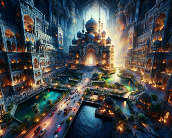 Fantastical Cityscape with Grand Architecture and Gardens