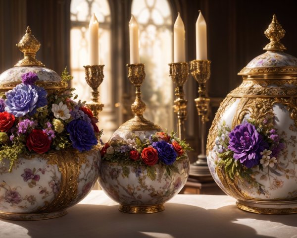 Intricately Designed Ceramic Vases with Floral Arrangements