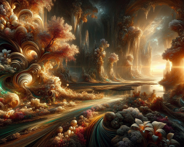 Surreal Landscape with Vibrant Colors and Fractal Patterns