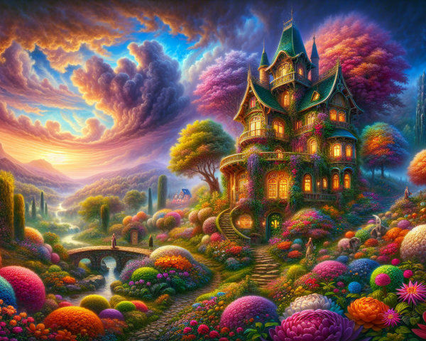 Vibrant Dreamlike Landscape with Whimsical Mansion
