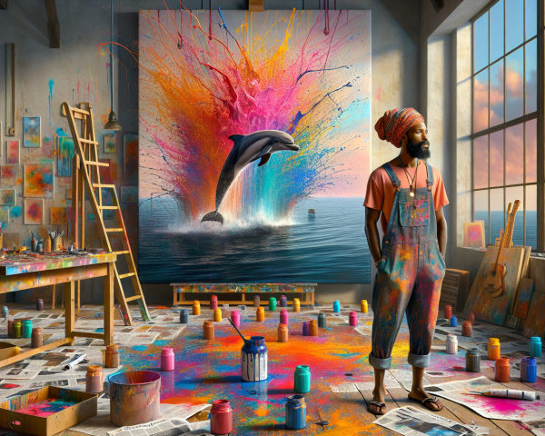 Colorful Artist Studio with Dolphin Mural and Supplies