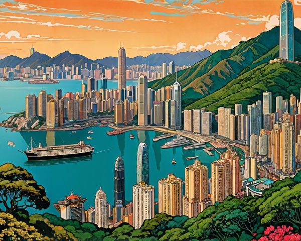 Panoramic View of Hong Kong's Skyline and Mountains