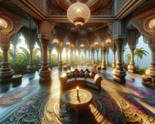 Luxurious Interior with Wooden Carvings and Lanterns