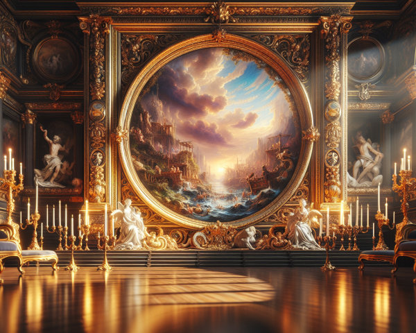 Opulent Interior with Seascape Painting and Statues