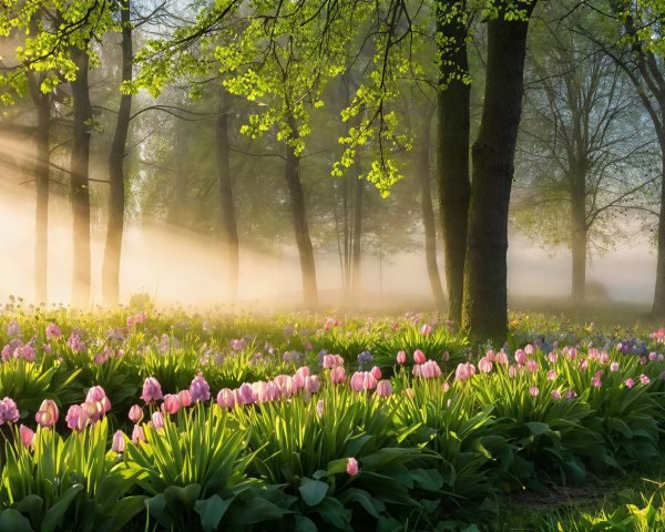 Springtime Forest Scene with Flowers and Sunlight