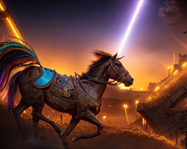 Majestic armored horse in a futuristic landscape