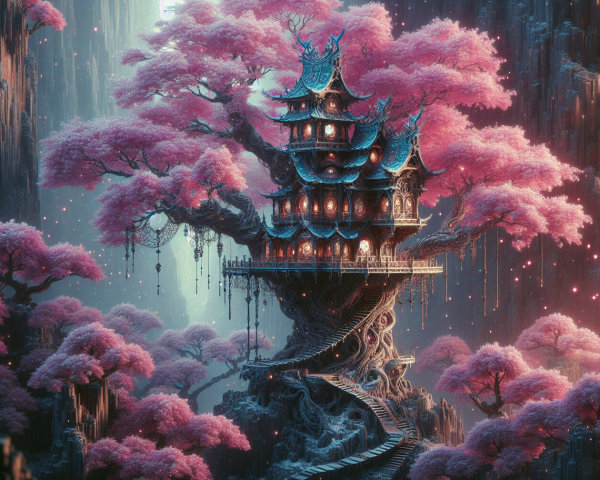 A vibrant landscape with an ancient tree and pagoda