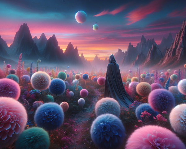 Cloaked Figure in a Colorful Fantasy Landscape