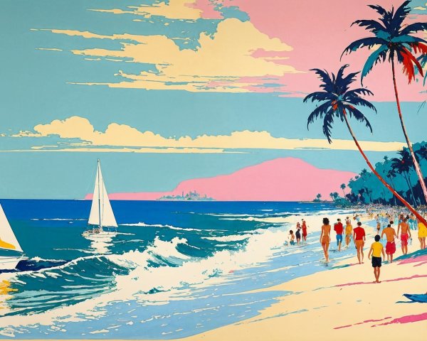 Vibrant Beach Scene with Sailboats and Palm Trees