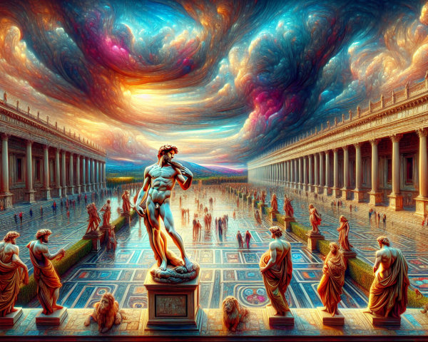 Surreal Classical Courtyard with Striking Statues