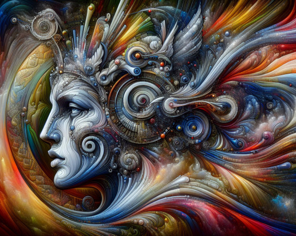 Stylized Female Face with Swirling Patterns and Colors
