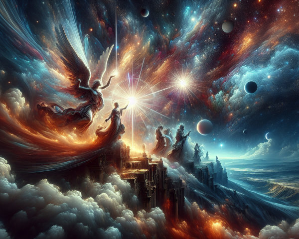 Vibrant Celestial Scene with Ethereal Figures and Stars