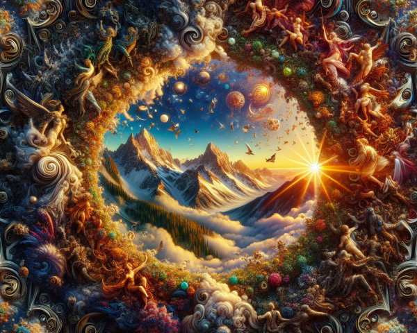 Surreal Landscape with Mountains and Dreamlike Elements