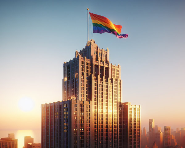 Skyline at Sunset with Rainbow Flag and Skyscrapers