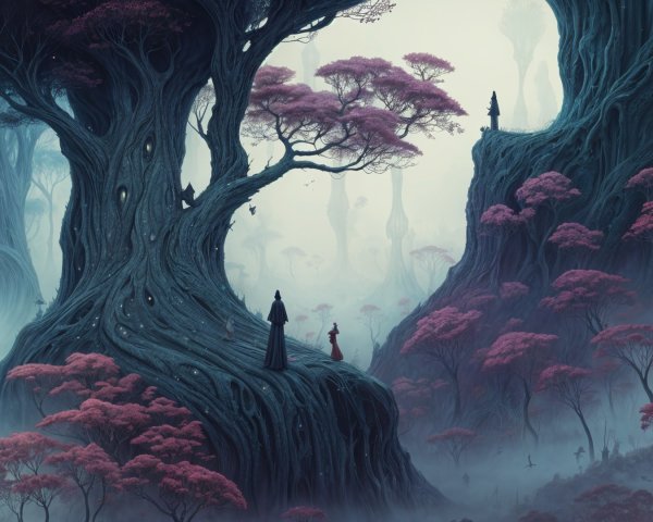 Mystical Landscape with Towering Trees and Fog