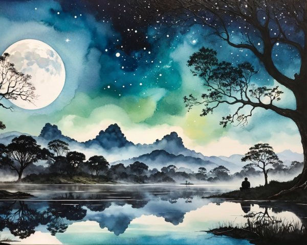 Tranquil Nighttime Landscape with Moon and Stars