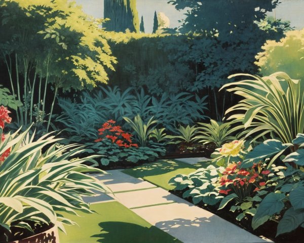 Lush Garden Scene with Colorful Flowers and Greenery