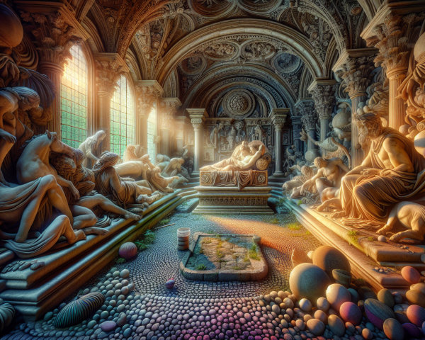 Classical Interior with Sculptures and Abstract Shapes