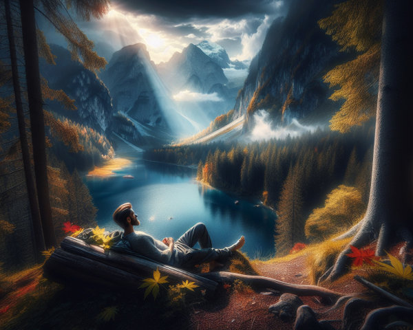 Man on Log in Forest Overlooking Mountain Lake