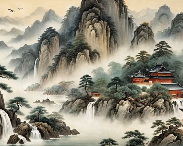 Serene Landscape with Mountains, Waterfalls, and Pagodas
