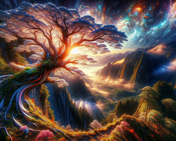 Vibrant Tree in Cosmic Landscape with Misty Mountains