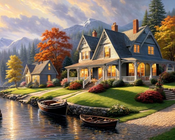 Charming House by Serene River in Autumn Foliage
