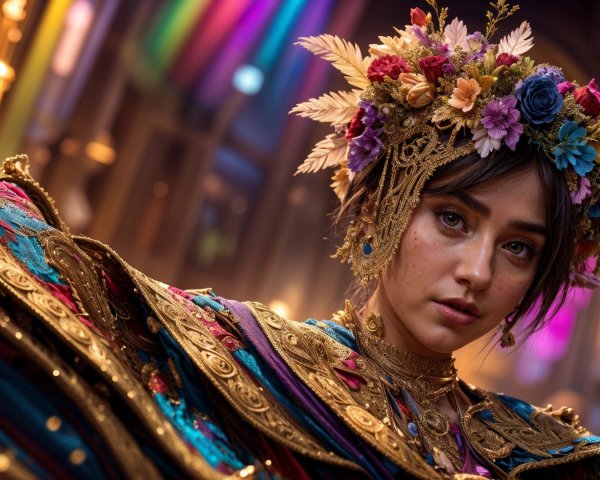 Colorful Costume and Floral Crown in Enchanting Setting