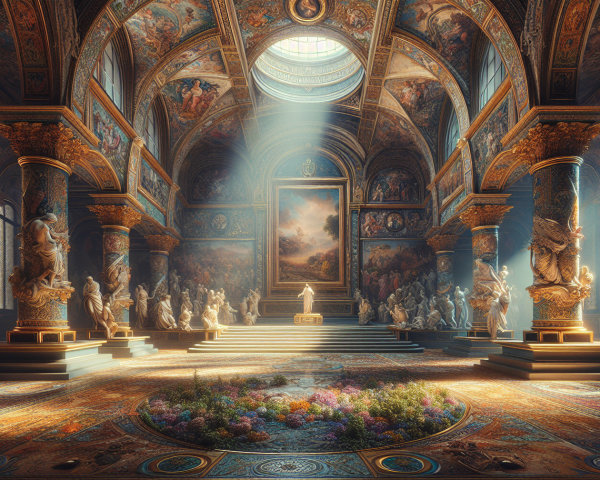 Opulent hall with murals, sculptures, and sunlight