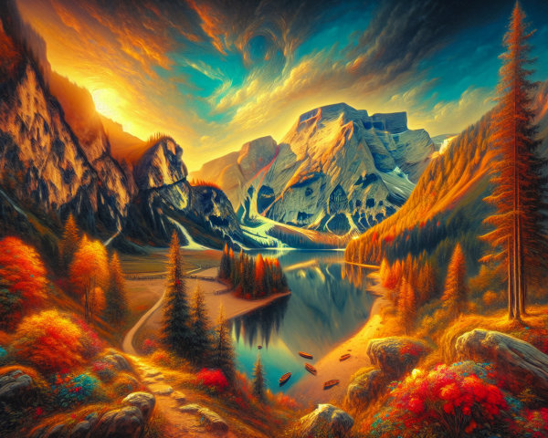 Vibrant Landscape with Mountains and Tranquil Lake