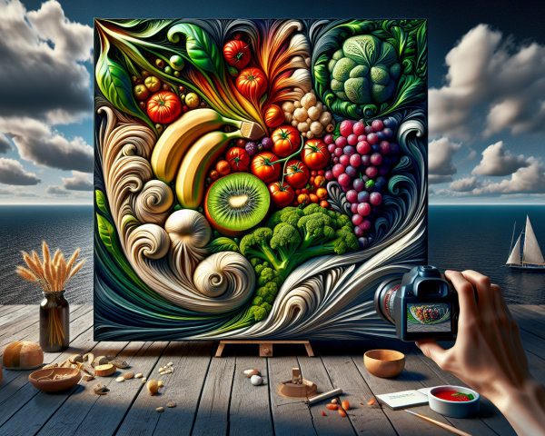 Vibrant Still-Life Painting with Fruits and Sea View