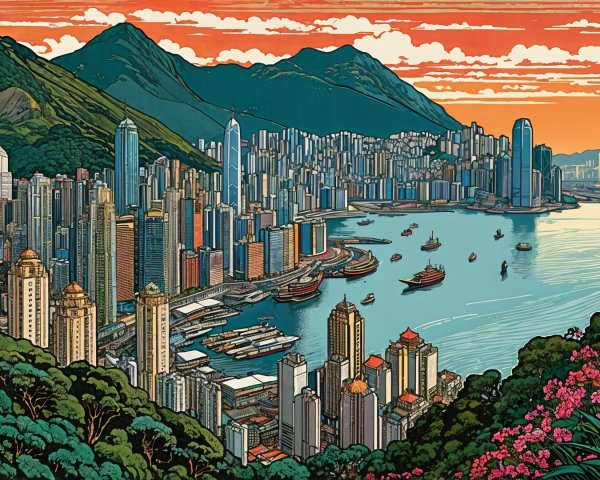 Vibrant Sunset Over Hong Kong's Skyline and Harbor