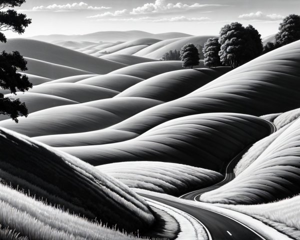 Monochromatic Landscape with Hills and Winding Road