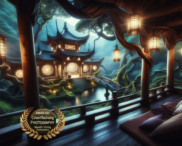 Dark Fantasy Landscape with Pagoda and Tranquil Pond