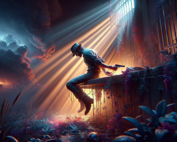 Surreal Scene of a Bound Figure Amidst Overgrown Foliage